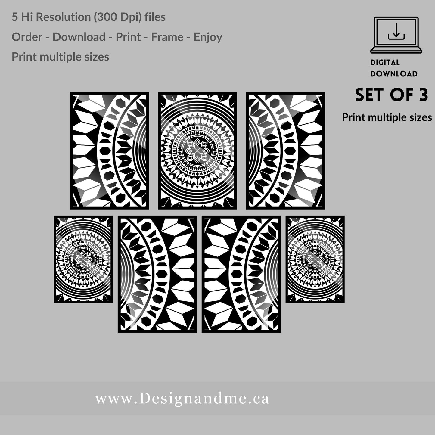 Digital download print set - Modern Gallery Wall Art Set of 3 - Black and white Mandala prints - Printable art Home Décor - Bedroom Décor