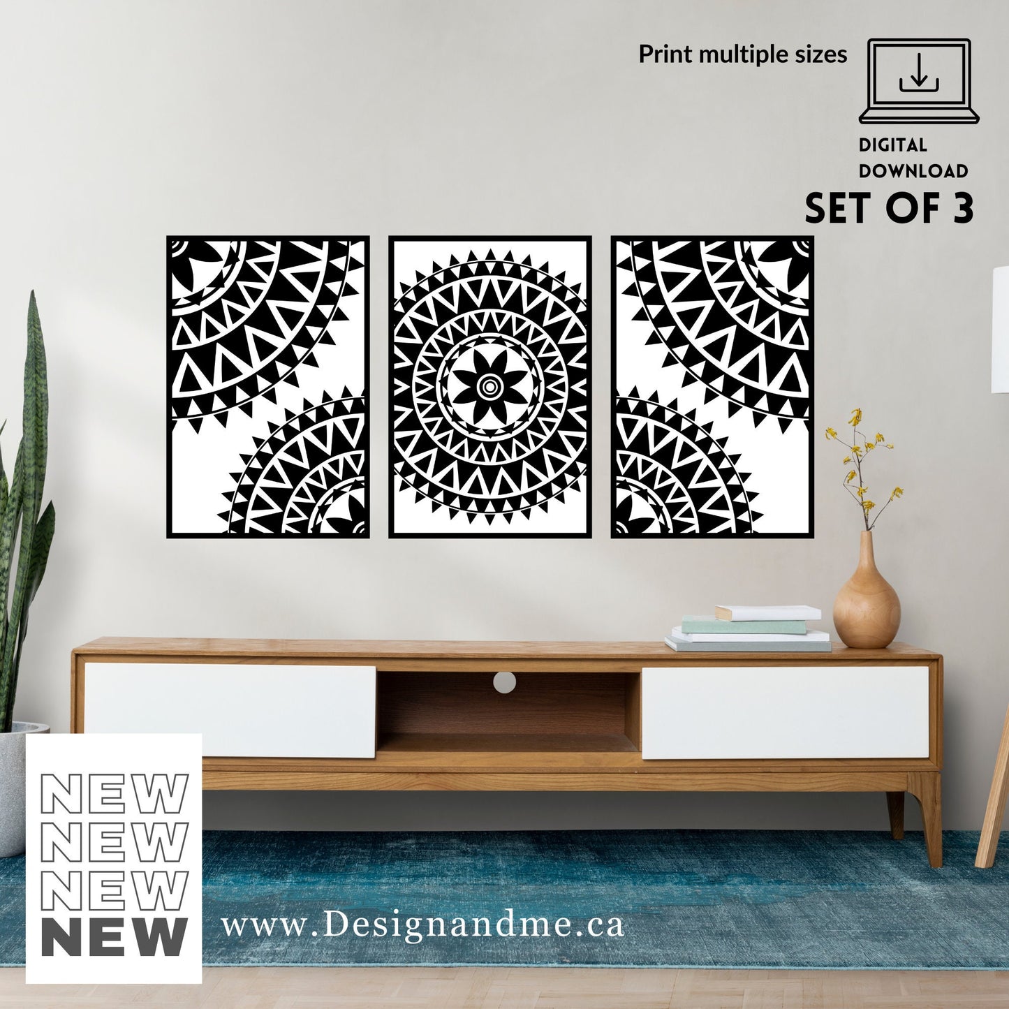 Digital download print set - Modern Gallery Wall Art Set of 3 - Black and white Mandala prints - Printable art Home Décor - Bedroom Décor