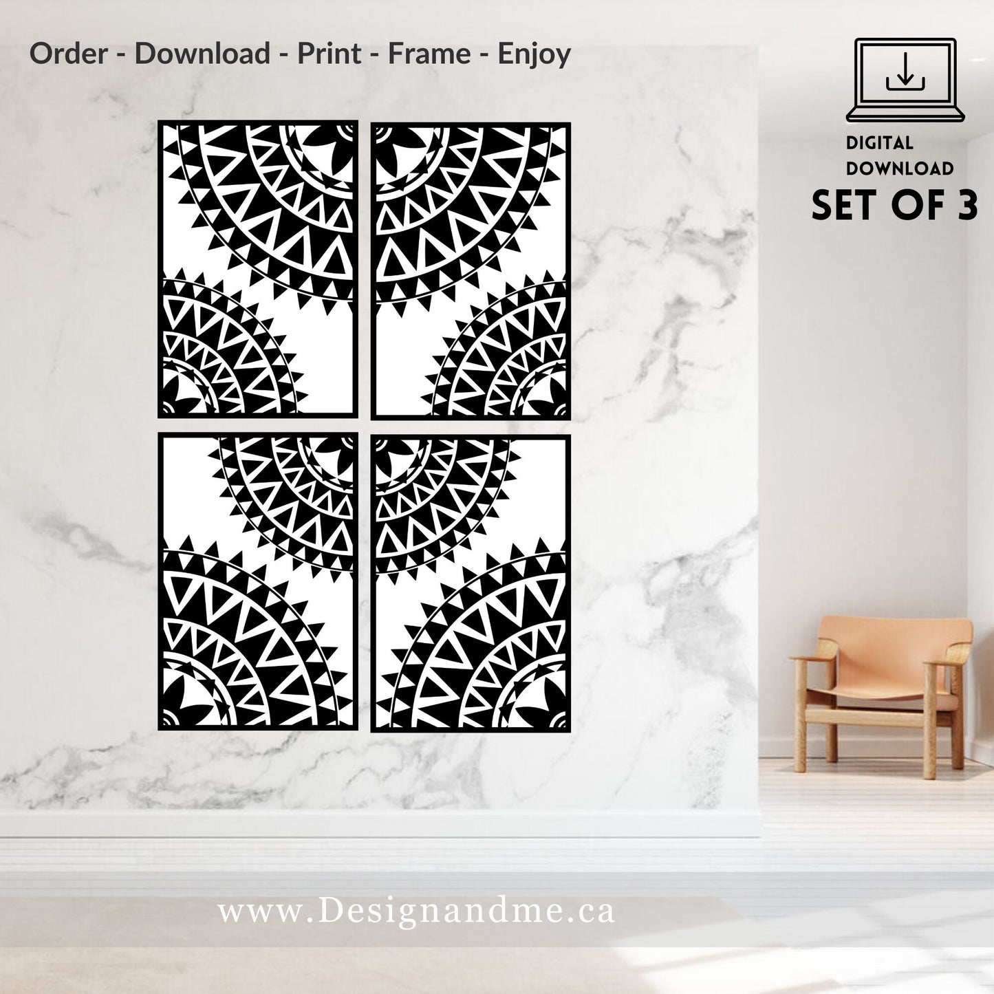 Digital download print set - Modern Gallery Wall Art Set of 3 - Black and white Mandala prints - Printable art Home Décor - Bedroom Décor