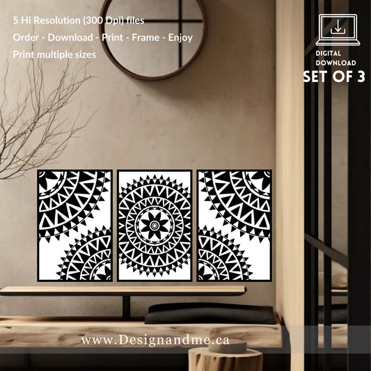 Digital download print set - Modern Gallery Wall Art Set of 3 - Black and white Mandala prints - Printable art Home Décor - Bedroom Décor